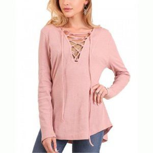 Umgee Pink Lace Up V Neck Long Sleeve Top Small